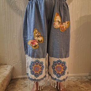 Upcycled reworked wideleg bloomer pants butterflies fringe mandela